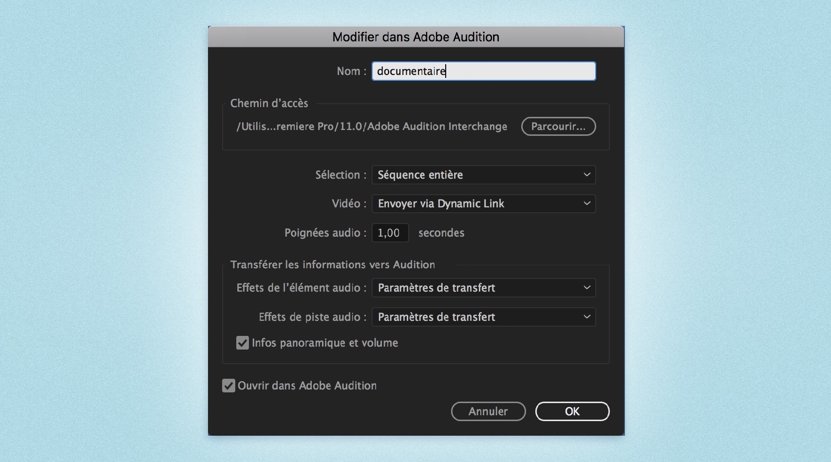 Envoi de la séquence à Adobe Audition