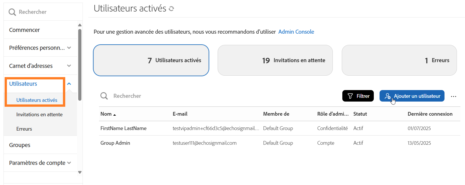Page Utilisateurs activés avec le bouton Ajouter un utilisateur en surbrillance.