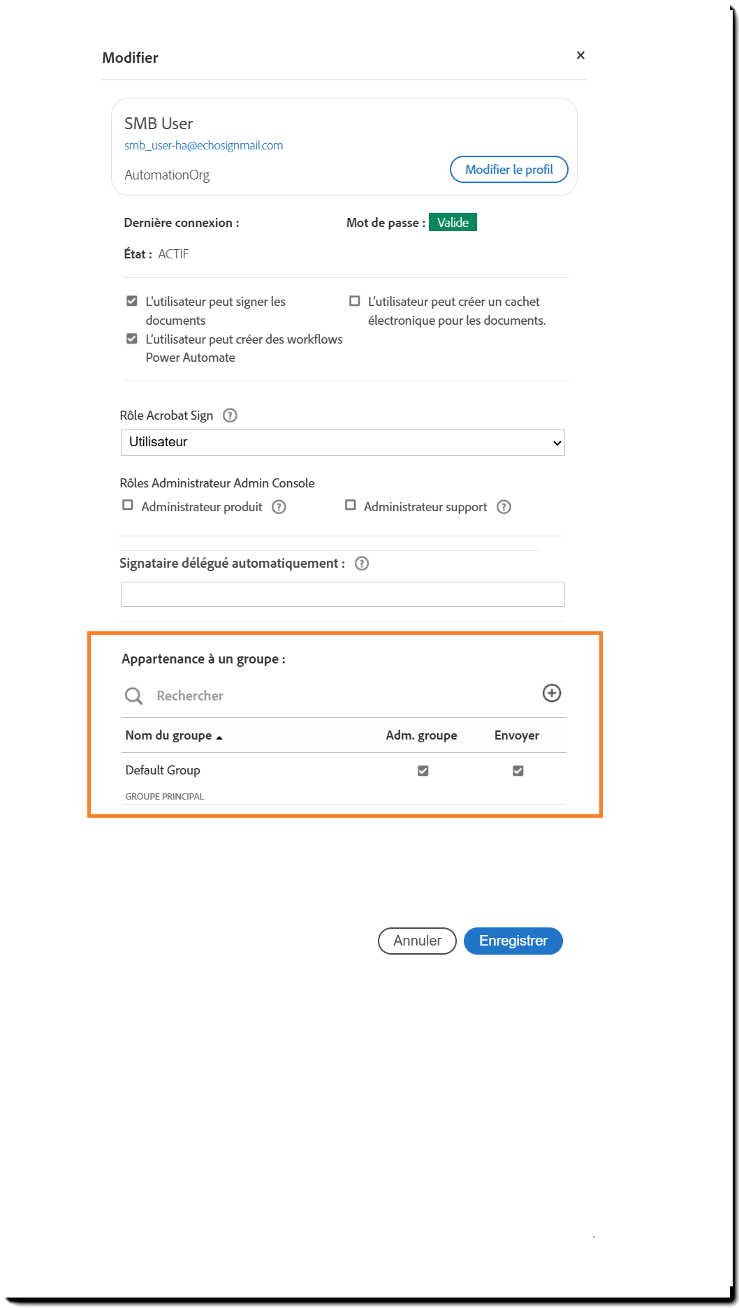 Panneau Profil utilisateur avec les paramètres au niveau du groupe mis en évidence