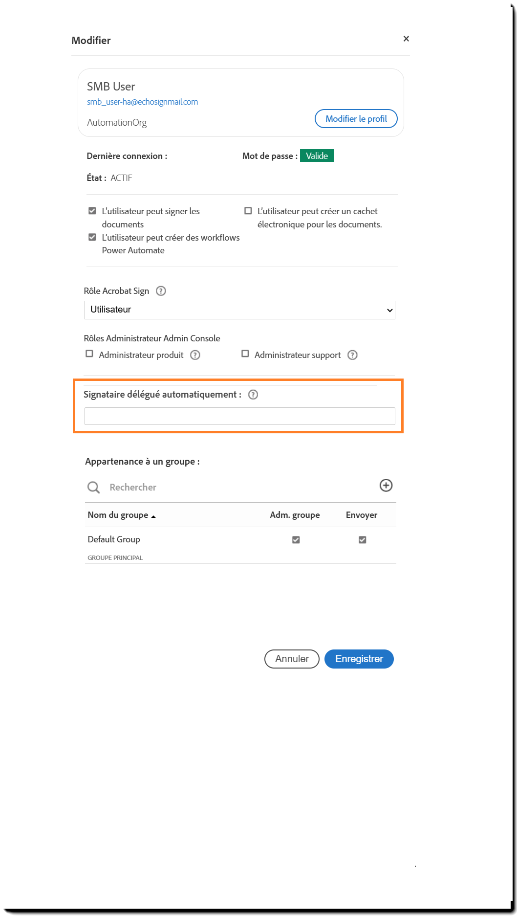 Panneau Profil utilisateur avec les paramètres de Délégation automatique mis en évidence