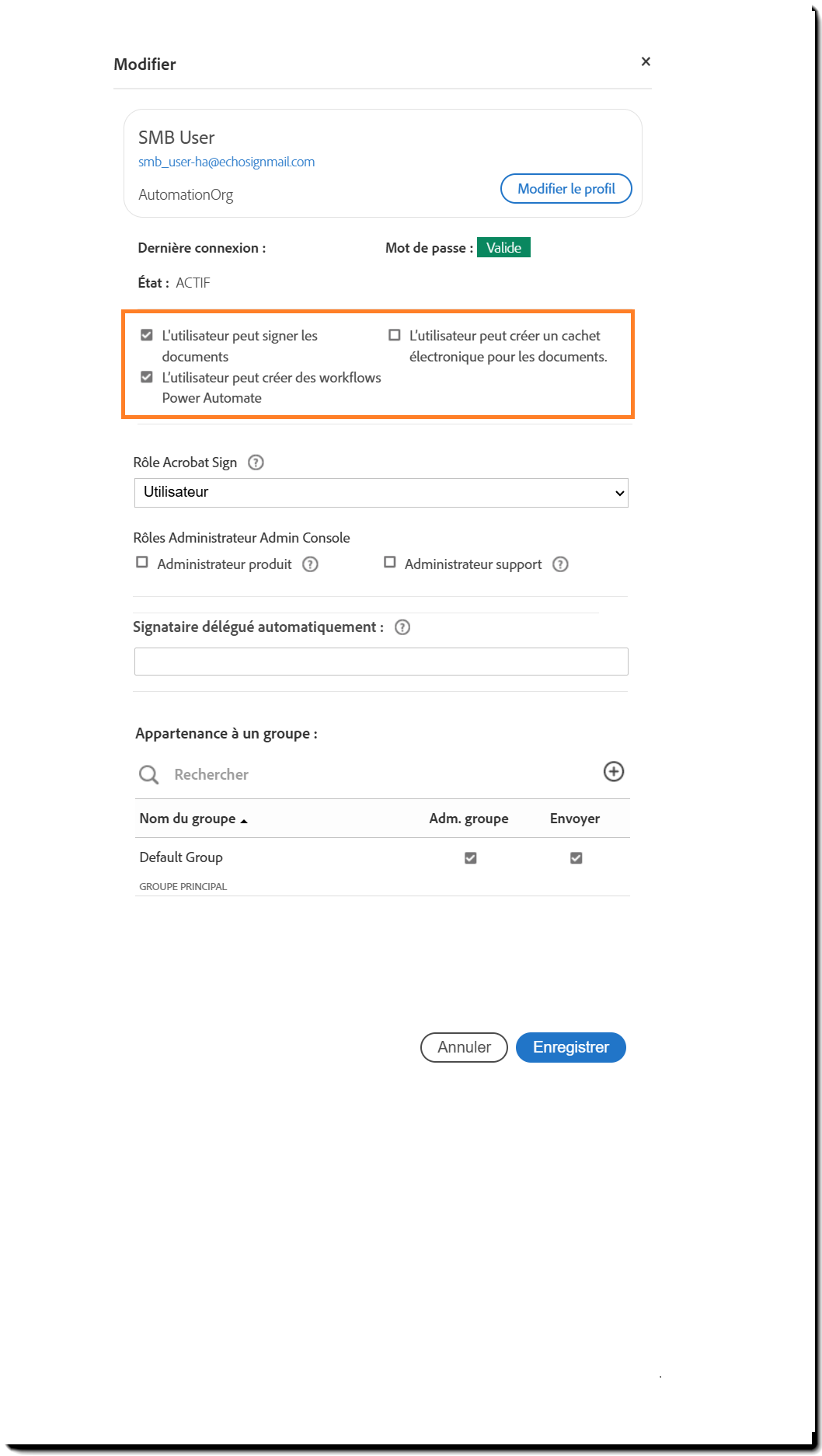 Panneau Profil utilisateur mettant en évidence les options d’autorisation du signataire.