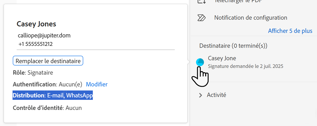 Enregistrement de destinataire avec la méthode d’envoi de SMS et le numéro de téléphone auquel le SMS est envoyé mis en évidence