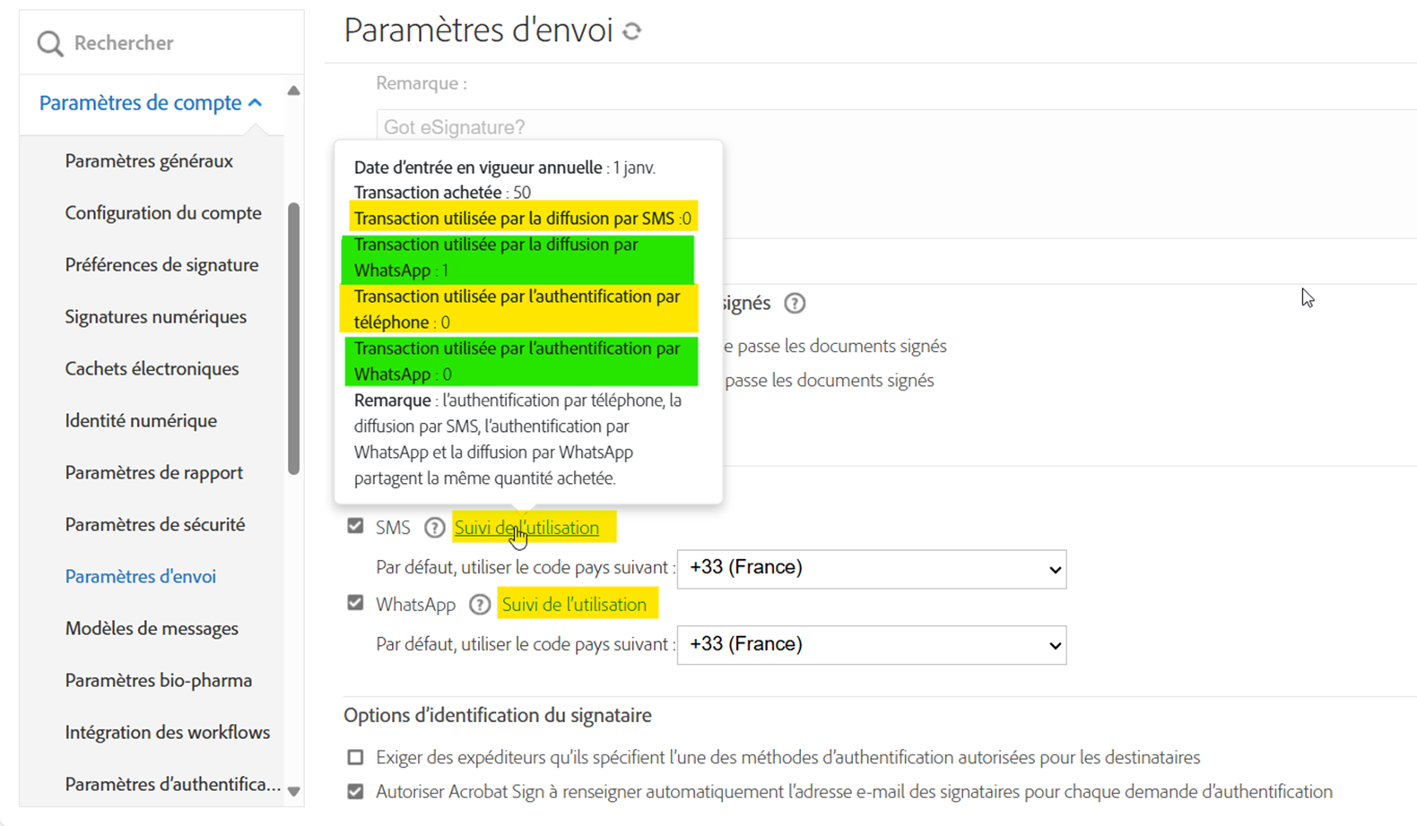 Page Paramètres d’envoi avec le lien Suivi de l’utilisation mis en évidence et la fenêtre contextuelle d’information affichée