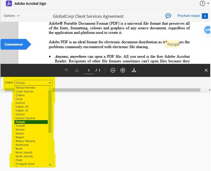 Page de signature électronique avec la liste déroulante des langues développée et mise en évidence.