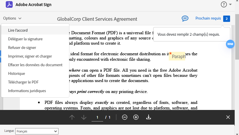 Page de signature électronique dont la localisation est mise à jour (en espagnol).