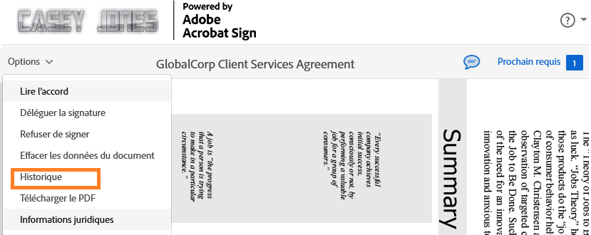 Page de signature électronique avec le menu Options développé et l’option « Historique » mise en évidence.