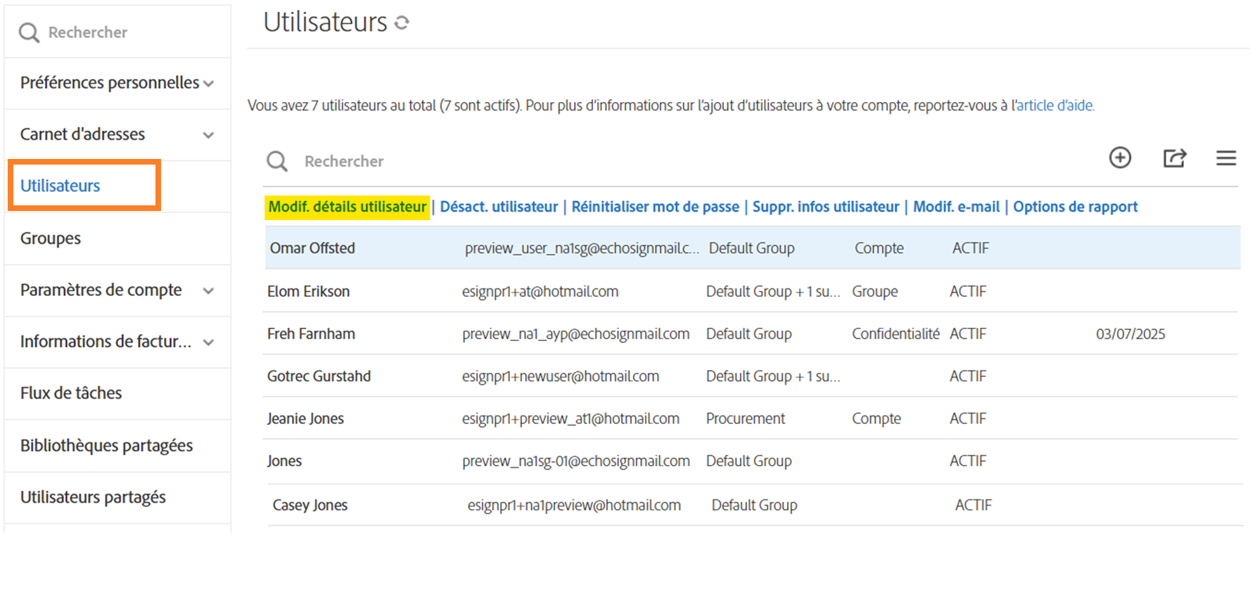 Page Utilisateurs avec les détails de l’utilisateur affichés