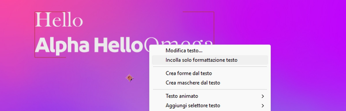 Un Livello di testo è selezionato e dal menu contestuale viene selezionata l’opzione Incolla solo formattazione testo.
