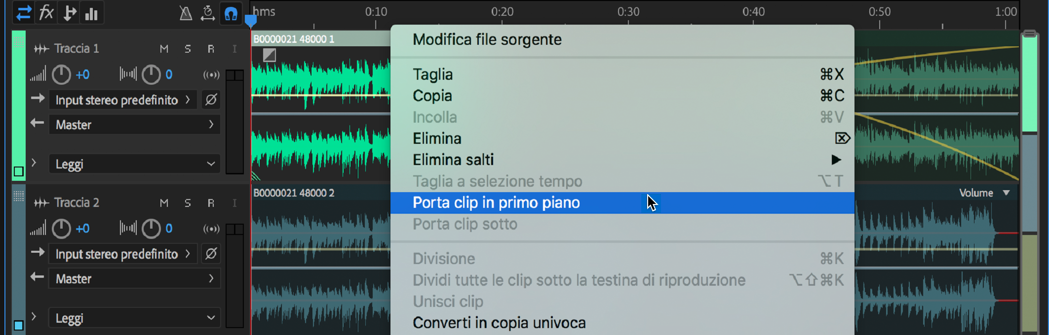 Menu di scelta rapida della clip