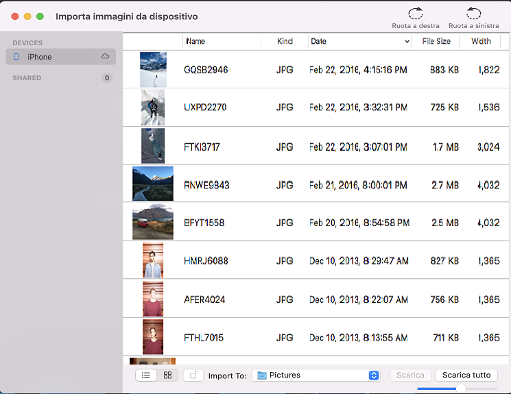 Importazione da dispositivo su macOS