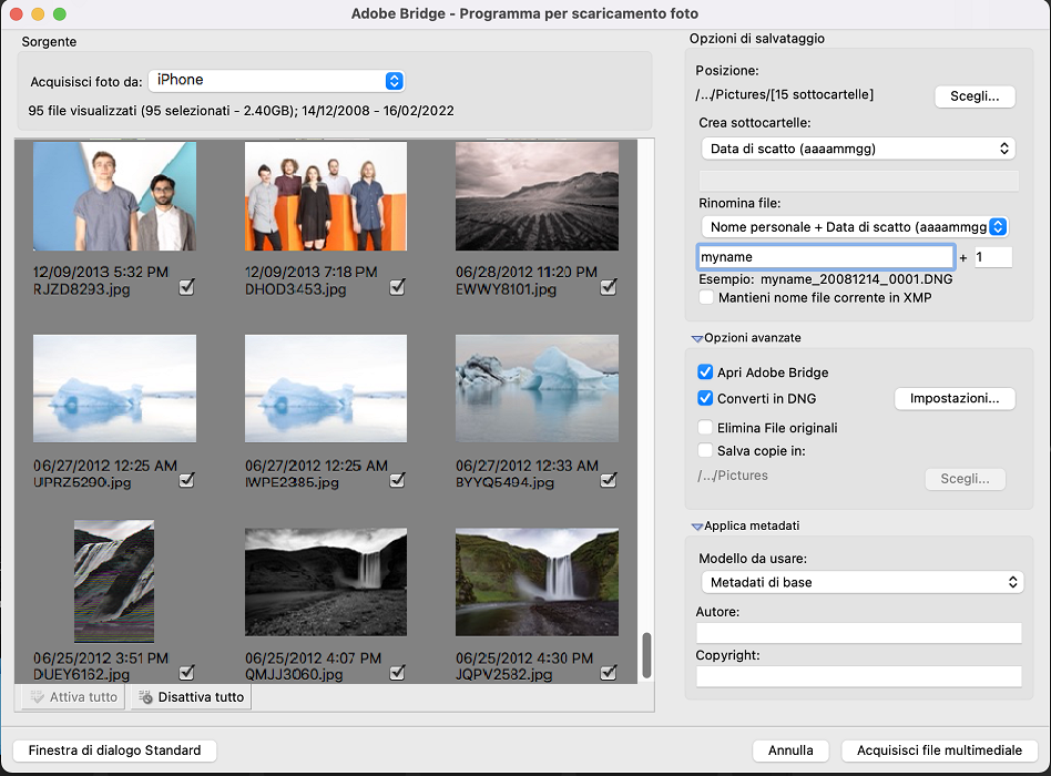 Adobe Bridge - Photo Downloader (finestra di dialogo Avanzate)