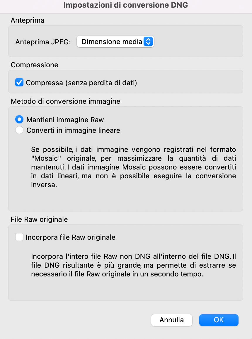 Finestra di dialogo Impostazioni di conversione in DNG in Adobe Bridge