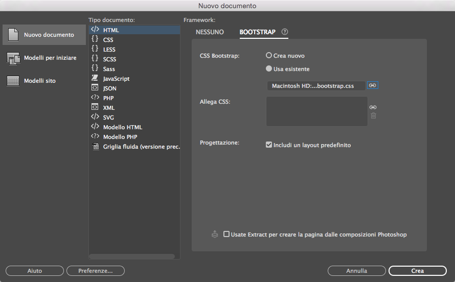Creazione di documenti di Bootstrap utilizzando i file esistenti del framework