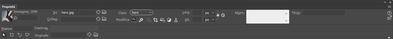 Proprietà delle immagini nella finestra di ispezione Proprietà.