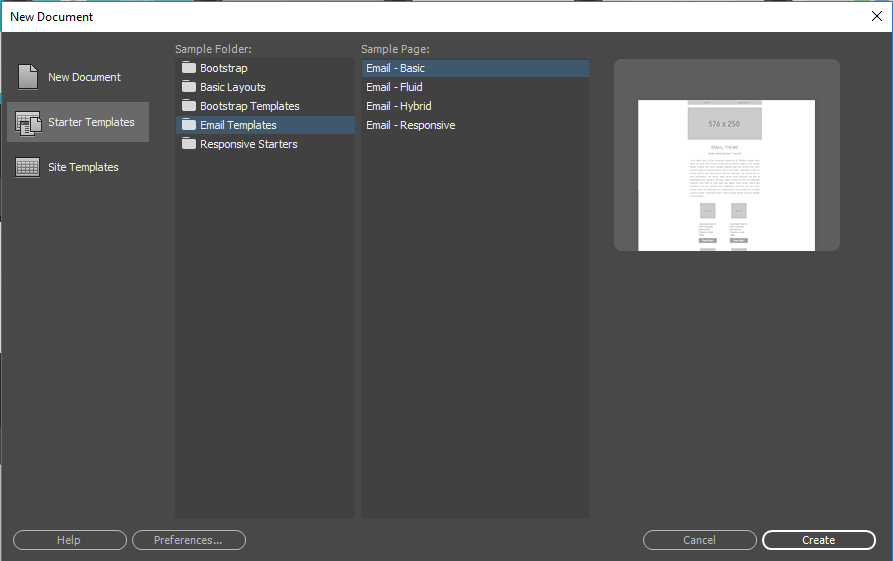 Modelli e-mail per iniziare di Dreamweaver