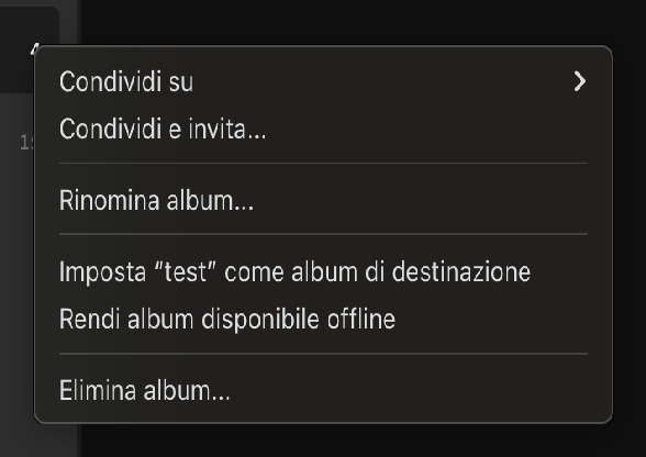 opzioni quando si fa clic con il pulsante destro su un album in Lightroom.
