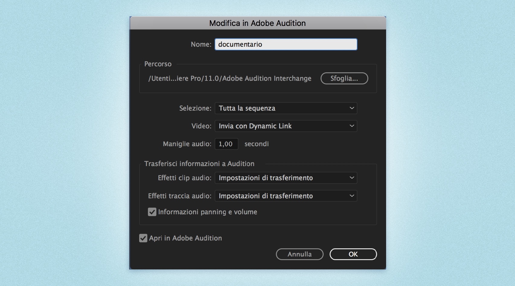 Inviare la sequenza ad Audition