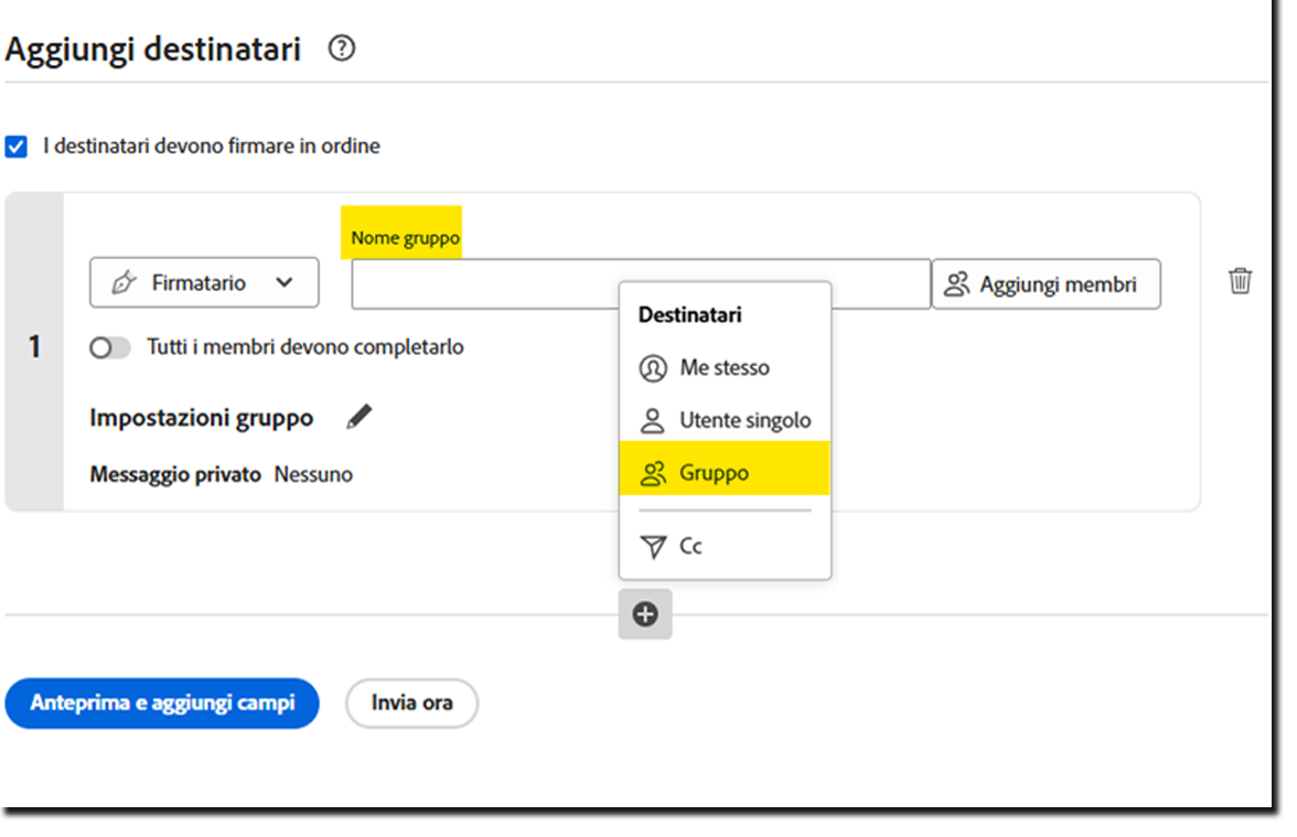 Pagina Invia che evidenzia il collegamento Aggiungi gruppi di destinatari e mostra i campi di inserimento ad-hoc per i gruppi di destinatari