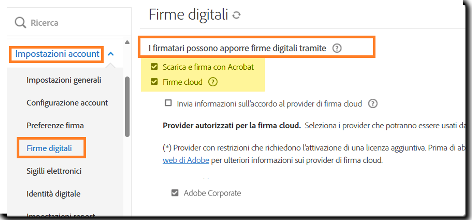 Sezione Firme digitali del menu di amministrazione in cui sono evidenziati i controlli “I firmatari possono apporre firme digitali tramite”.