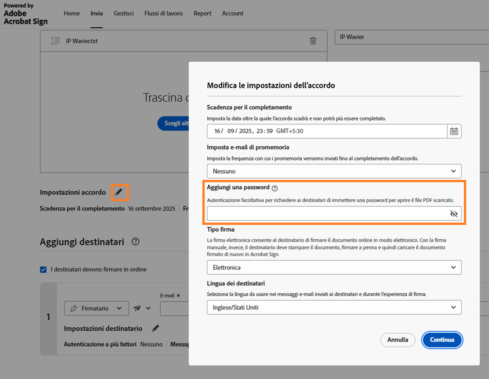Sezione Impostazioni accordo dell’accordo in cui è evidenziata l’opzione Aggiungi password.