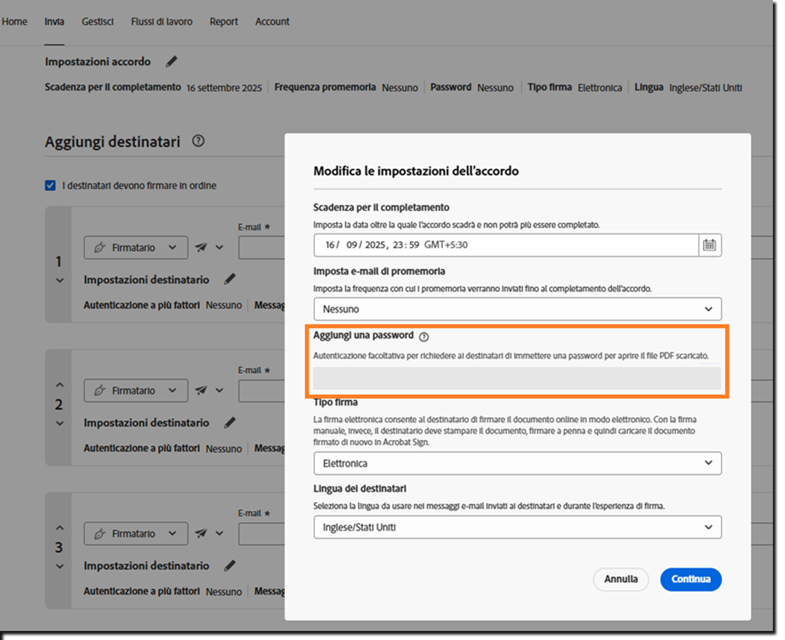 La sezione Impostazioni accordo dell’accordo on cui è evidenziato il campo Aggiungi password bloccato.