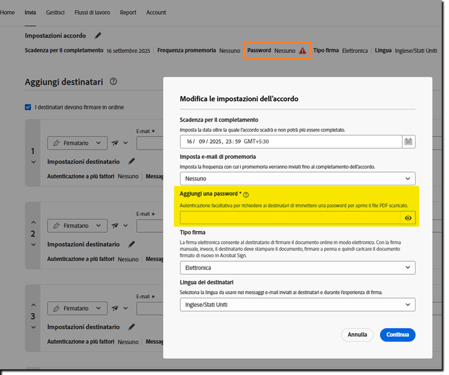 Sezione Impostazioni accordo dell’accordo in cui è evidenziato l’avviso per la configurazione dell’opzione Aggiungi password.