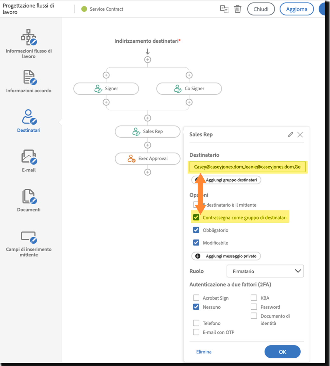 La progettazione del flusso di lavoro con Contrassegna come gruppo di destinatari selezionato e la pagina Invia risultante con i membri del gruppo di destinatari elencati