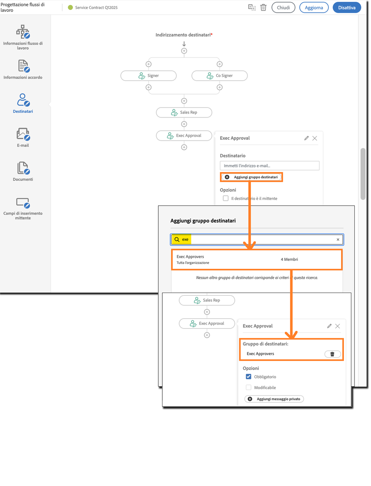 Il pannello di configurazione dei destinatari con il pulsante Aggiungi gruppo di destinatari evidenziato. Inclusa la finestra del selettore gruppo di destinatari e della pagina Invia risultante