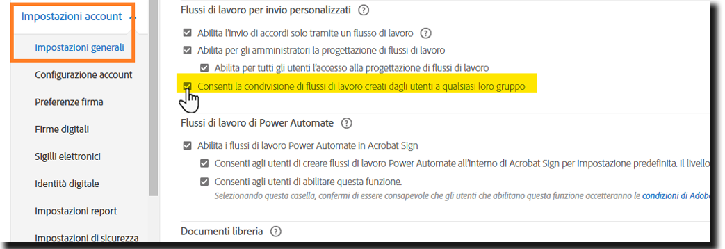 Menu Impostazioni globali che evidenzia i controlli “Consenti condivisione di flussi di lavoro creati dagli utenti”.