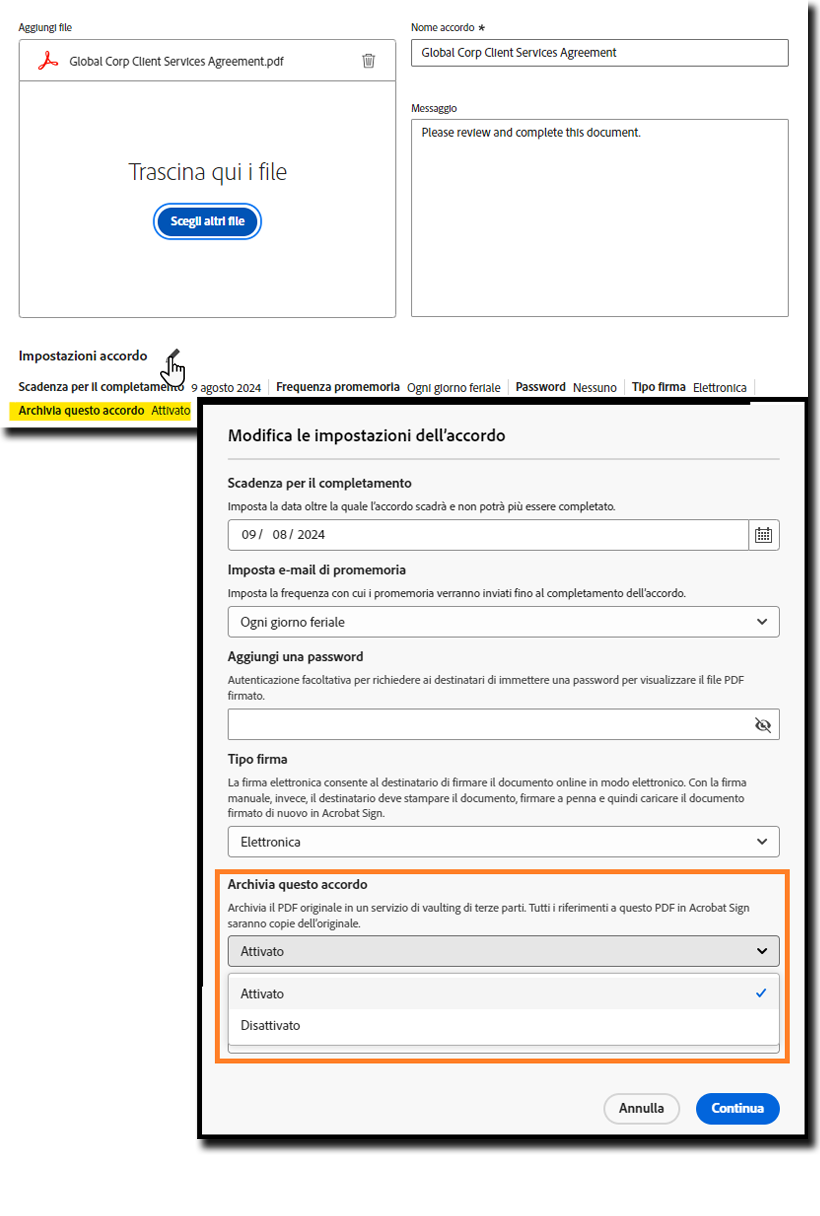 Pagina Richiedi firma con l’impostazione “Archivia questo accordo” evidenziata e nello stato attivato.