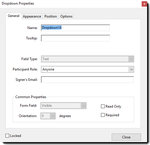 Proprietà dei campi della casella a discesa