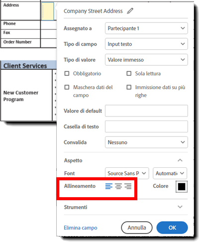 Proprietà di allineamento dei font del campo di testo