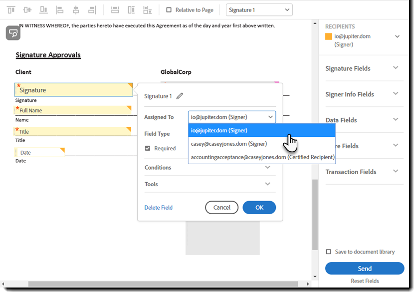 Selettore del ruolo nelle proprietà del campo