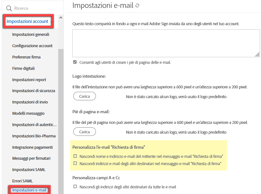 Passa alle impostazioni “Personalizza l'e-mail Richiesta di firma”