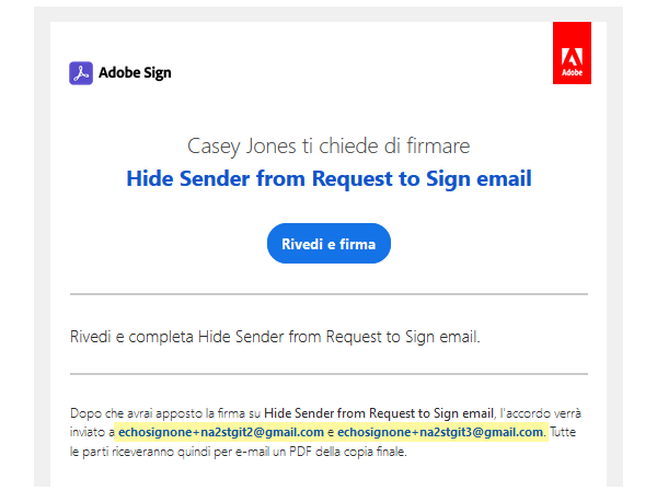  Nascondere il nome e l’indirizzo e-mail del mittente nel messaggio e-mail “Richiesta di firma”