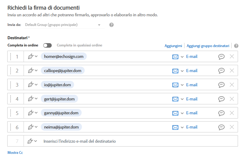 Sei destinatari configurati per un accordo