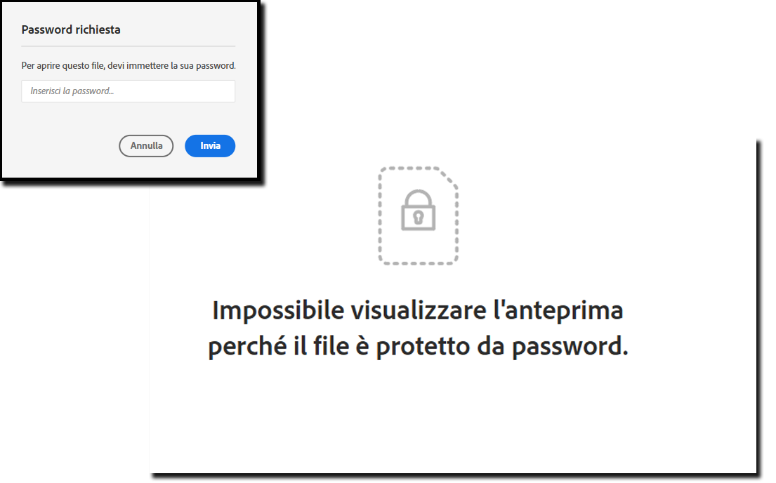 Esempio del pannello di richiesta della password, e l’errore risultante se non viene immessa la password.