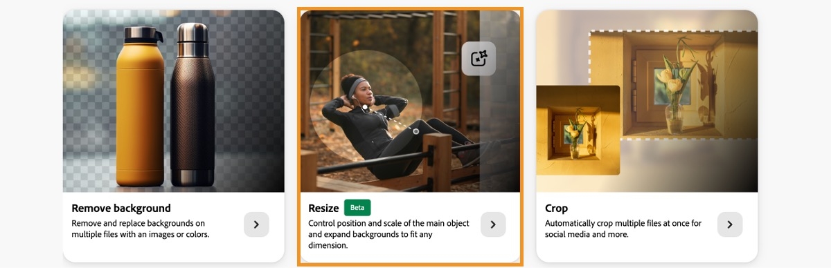 クリエイティブ制作ページが開いており、背景を削除、サイズ変更、切り抜きなど、複数のアクションから選択できます。 現在、サイズ変更アクションが選択されています。