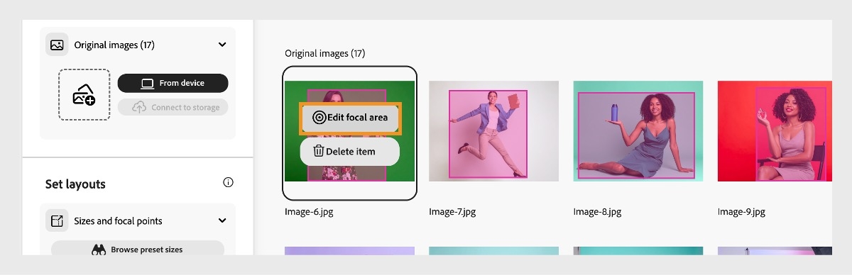 サイズ変更オーバーレイを含む、1 枚の元の画像が選択されて、「焦点領域を編集」オプションが強調表示されています。