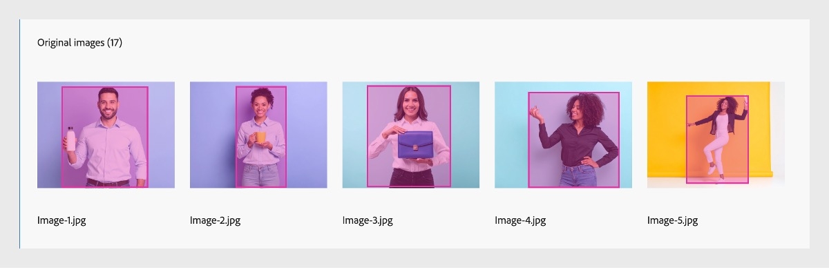 「元の画像」の下にはアップロードした画像が表示され、各画像にはオーバーレイが含まれて焦点領域が強調され、注目点として検出された被写体が特定されます。