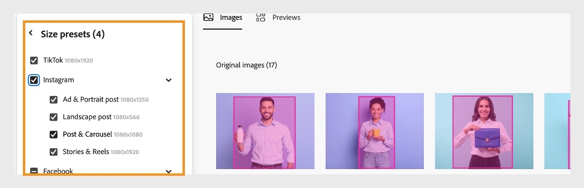 「レイアウトの設定」セクションが開いており、「サイズと焦点」オプションの下には、画像のサイズを変更するためのプリセットサイズを参照して選択するためのオプションがあります。
