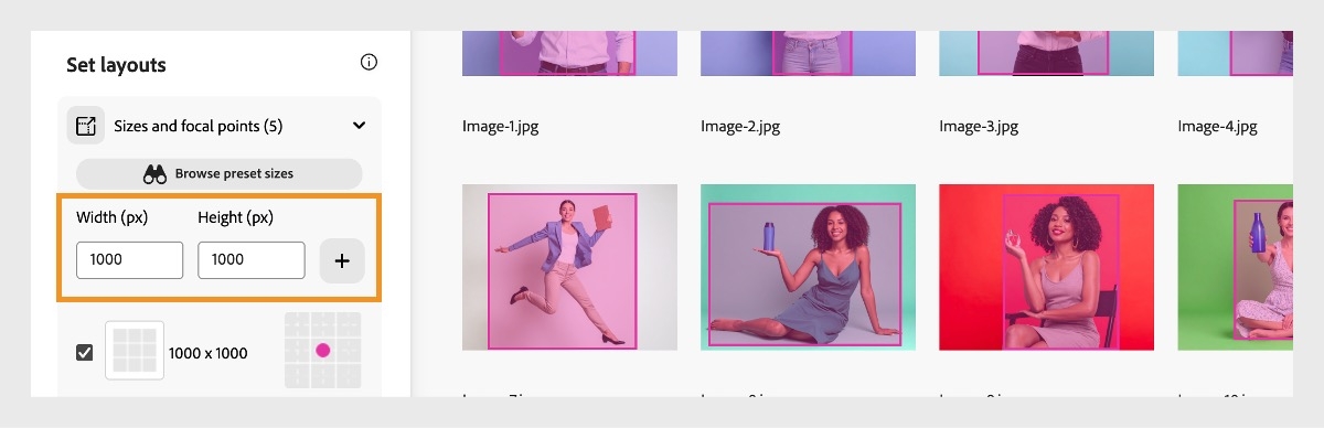 「レイアウトの設定」セクションの「サイズと焦点」で、幅と高さをピクセル単位で指定してカスタム寸法を追加できます。 現在は 1000 x 1000 ピクセルのサイズが追加されています。