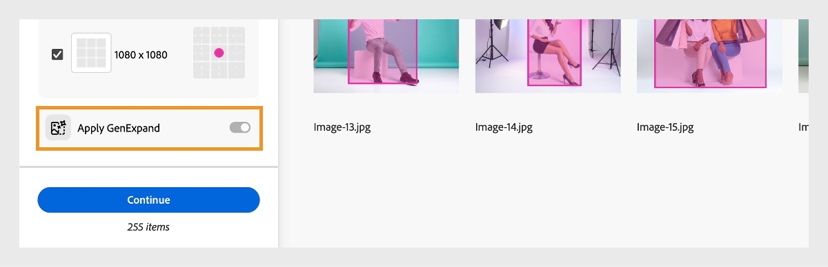 「生成拡張を適用」オプションが有効になっているため、サイズ変更した画像が必要な寸法を満たしていない場合、AI が生成した拡張コンテンツで透明な領域を埋めることができます。