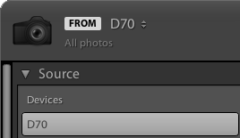 Lightroom Classic CC ソースパネルでカメラが選択されています。