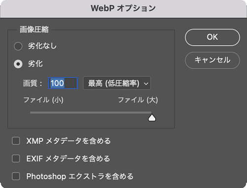 Photoshop の WebP オプションボックス