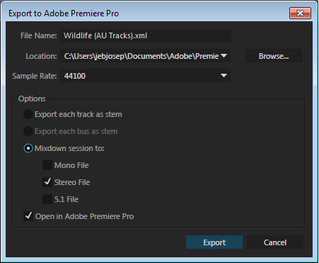 Premiere Pro に書き出しダイアログボックス