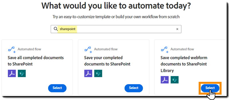 検索結果と「開始」ボタンがハイライト表示されたワークフローの作成ページ