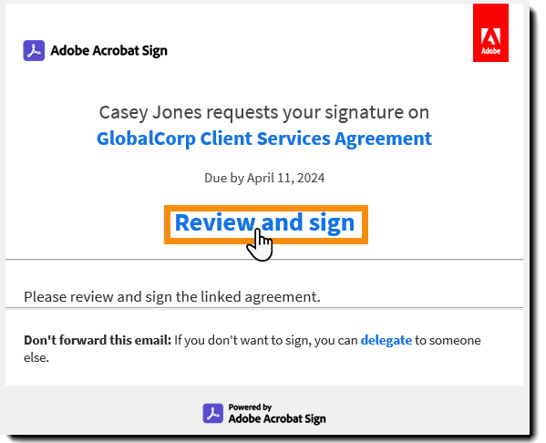 링크가 강조 표시된 &quot;검토 및 서명&quot; 이메일