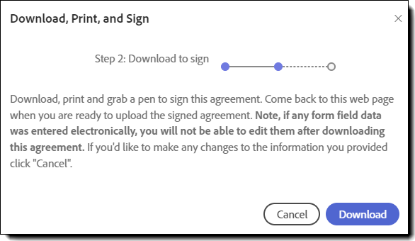 다운로드 버튼이 강조 표시된 &quot;다운로드, 인쇄 및 서명&quot; 패널