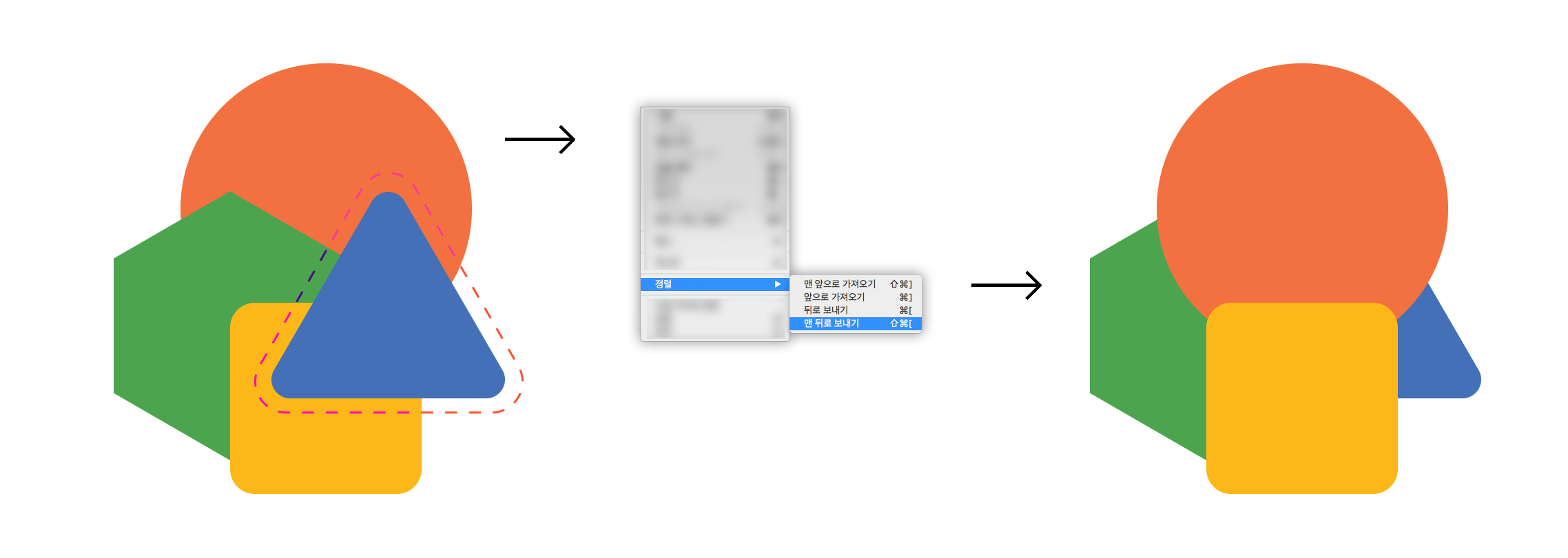 선택한 이미지를 스택의 맨 밑으로 보내기